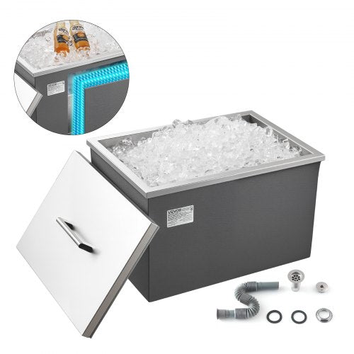 Drop in Ice Chest, 20"L x 14"W x 12"H (508 x 355 x 306 mm) Stainless Steel Drop in Cooler, 30L Commercial Ice Bin with Pot Lid for Outdoor, Drain-pipe Set Included, for Cold Wine Beer