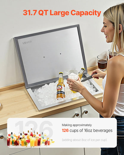 Islåda för nedsänkbar kylning, 508 x 355 x 306 mm, rostfritt stål, 30 liters kommersiell islåda med lock för utomhusbruk, avloppsrör ingår, för kallt vin och öl