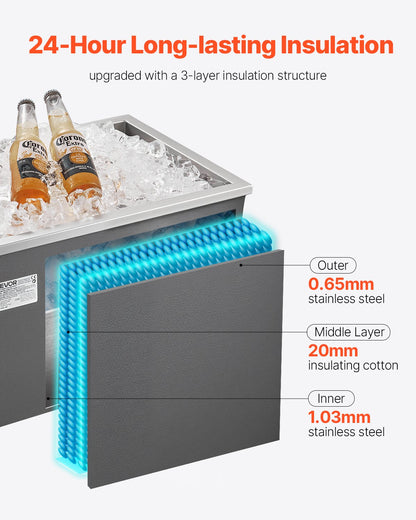Drop in Ice Chest, 20"L x 14"W x 12"H (508 x 355 x 306 mm) Stainless Steel Drop in Cooler, 30L Commercial Ice Bin with Pot Lid for Outdoor, Drain-pipe Set Included, for Cold Wine Beer