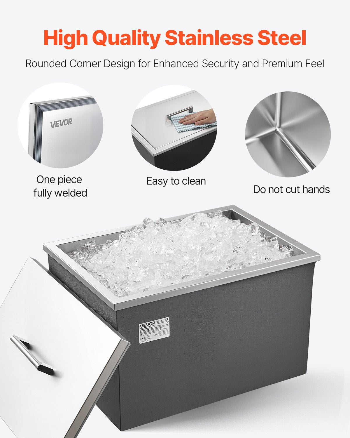 Drop in Ice Chest, 20"L x 14"W x 12"H (508 x 355 x 306 mm) Stainless Steel Drop in Cooler, 30L Commercial Ice Bin with Pot Lid for Outdoor, Drain-pipe Set Included, for Cold Wine Beer