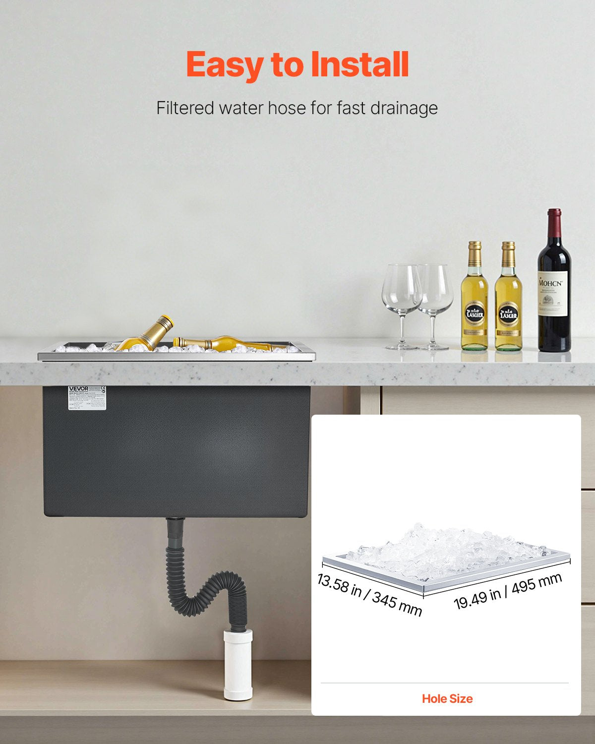 Drop in Ice Chest, 20"L x 14"W x 12"H (508 x 355 x 306 mm) Stainless Steel Drop in Cooler, 30L Commercial Ice Bin with Pot Lid for Outdoor, Drain-pipe Set Included, for Cold Wine Beer