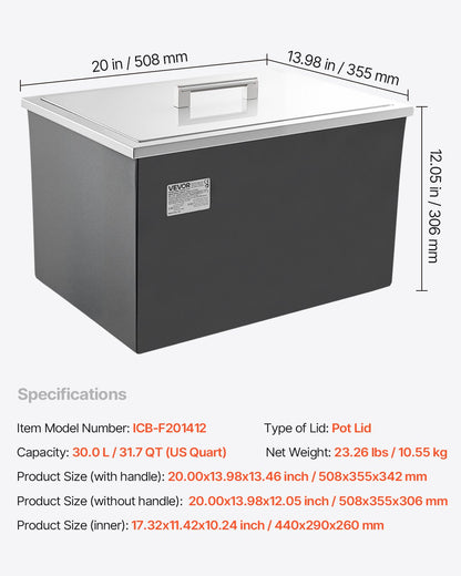 Islåda för nedsänkbar kylning, 508 x 355 x 306 mm, rostfritt stål, 30 liters kommersiell islåda med lock för utomhusbruk, avloppsrör ingår, för kallt vin och öl