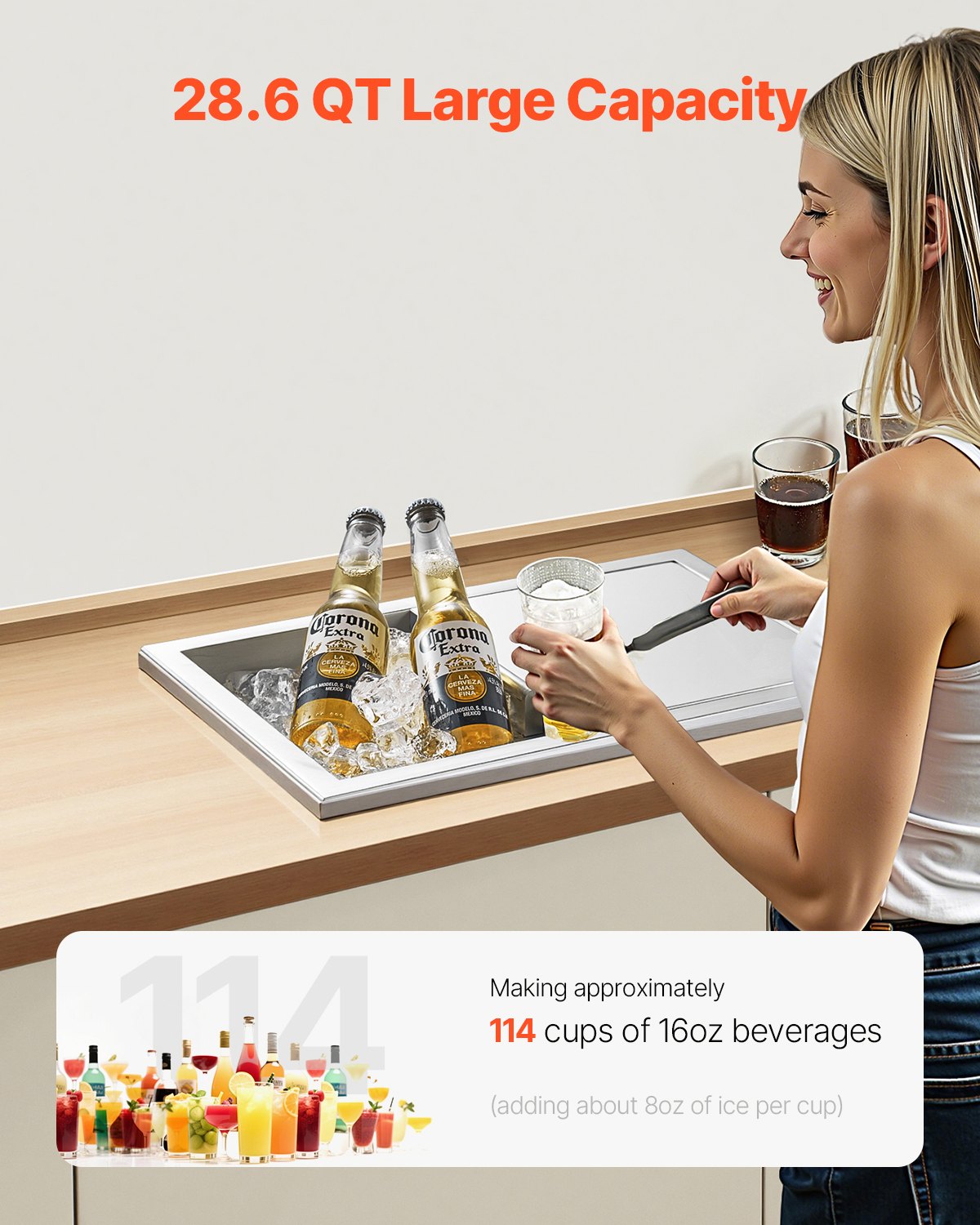 Islåda för nedsänkbar kylning, 455 x 305 x 385 mm (L x B x H) i rostfritt stål, 27,1 liters kommersiell islåda med skjutbart lock för utomhusbruk, avloppsrör ingår, för kallt vin och öl.