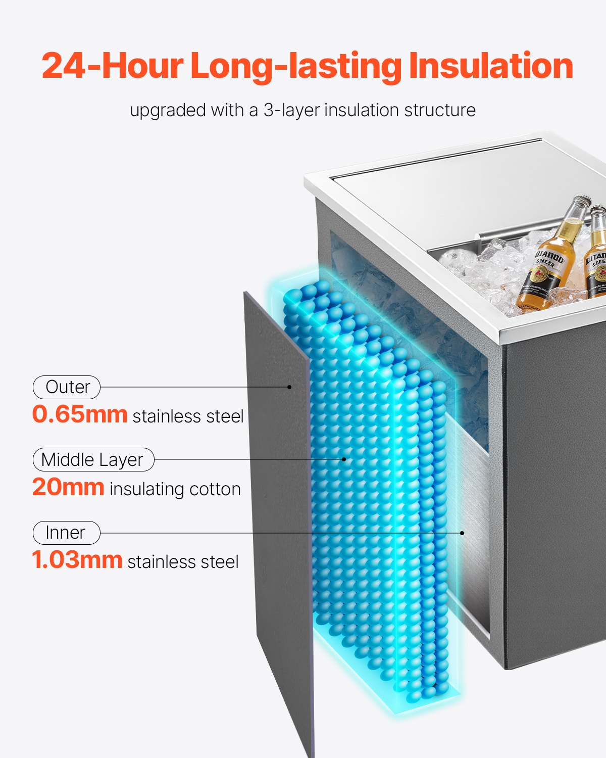 Islåda för nedsänkbar kylning, 455 x 305 x 385 mm (L x B x H) i rostfritt stål, 27,1 liters kommersiell islåda med skjutbart lock för utomhusbruk, avloppsrör ingår, för kallt vin och öl.