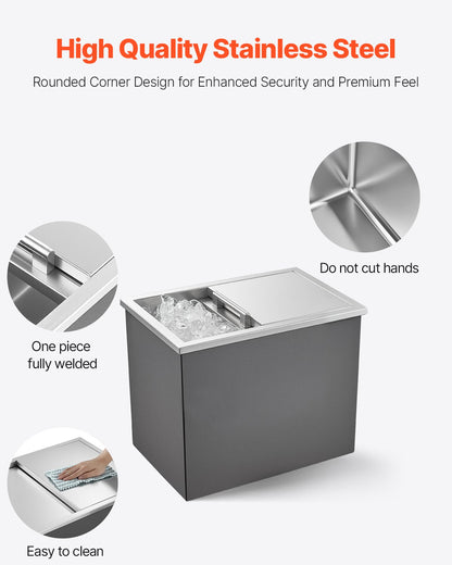 Islåda för nedsänkbar kylning, 455 x 305 x 385 mm (L x B x H) i rostfritt stål, 27,1 liters kommersiell islåda med skjutbart lock för utomhusbruk, avloppsrör ingår, för kallt vin och öl.