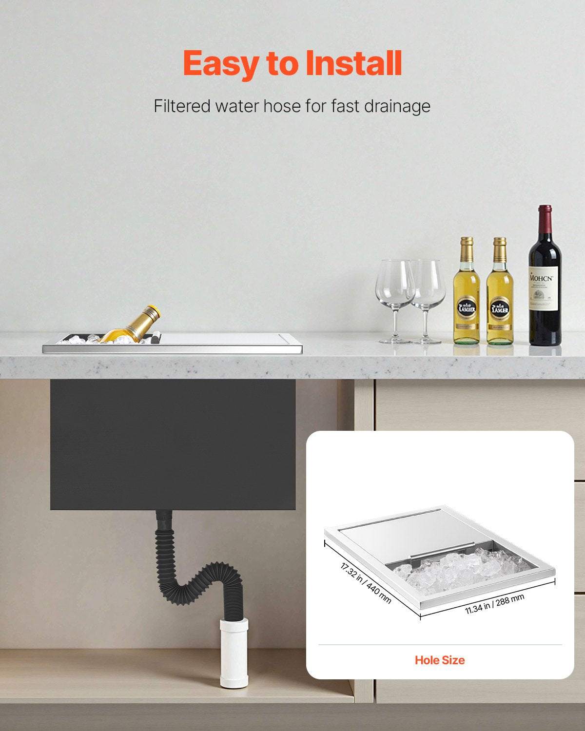 Islåda för nedsänkbar kylning, 455 x 305 x 385 mm (L x B x H) i rostfritt stål, 27,1 liters kommersiell islåda med skjutbart lock för utomhusbruk, avloppsrör ingår, för kallt vin och öl.