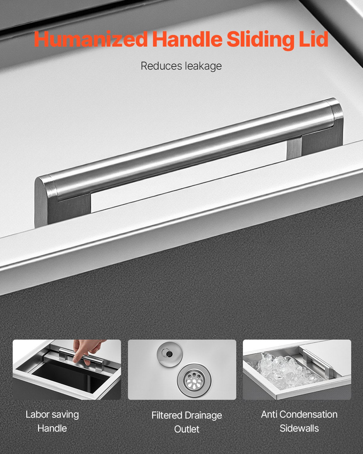 Islåda för nedsänkbar kylning, 455 x 305 x 385 mm (L x B x H) i rostfritt stål, 27,1 liters kommersiell islåda med skjutbart lock för utomhusbruk, avloppsrör ingår, för kallt vin och öl.