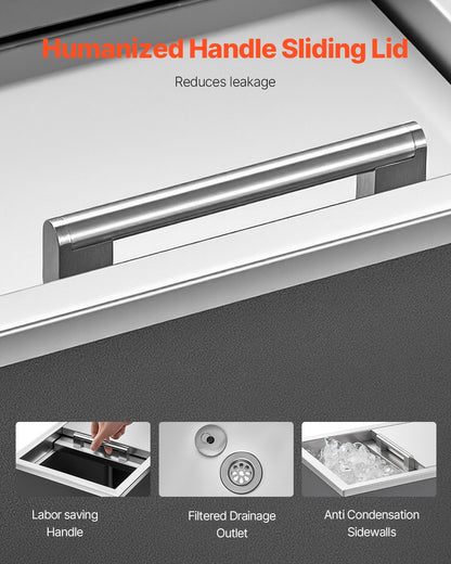 Islåda för nedsänkbar kylning, 455 x 305 x 385 mm (L x B x H) i rostfritt stål, 27,1 liters kommersiell islåda med skjutbart lock för utomhusbruk, avloppsrör ingår, för kallt vin och öl.