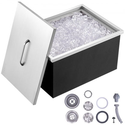 Drop in Ice Chest, 51 cm L x 36 cm W x 30.5 cm H Stainless Steel Ice Cooler, Commercial Ice Bin with Cover, 37.9 L Outdoor Kitchen Ice Bar, Drain-pipe and Drain Plug Included, for Cold Wine Beer