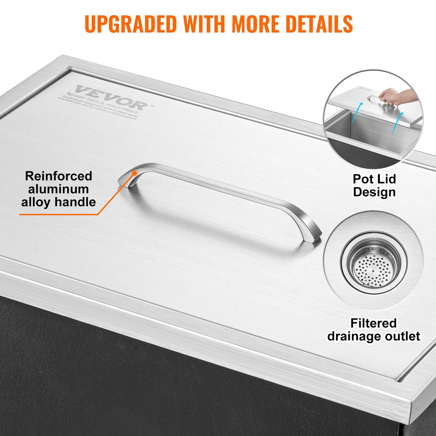 Drop in Ice Chest, 51 cm L x 36 cm W x 30.5 cm H Stainless Steel Ice Cooler, Commercial Ice Bin with Cover, 37.9 L Outdoor Kitchen Ice Bar, Drain-pipe and Drain Plug Included, for Cold Wine Beer