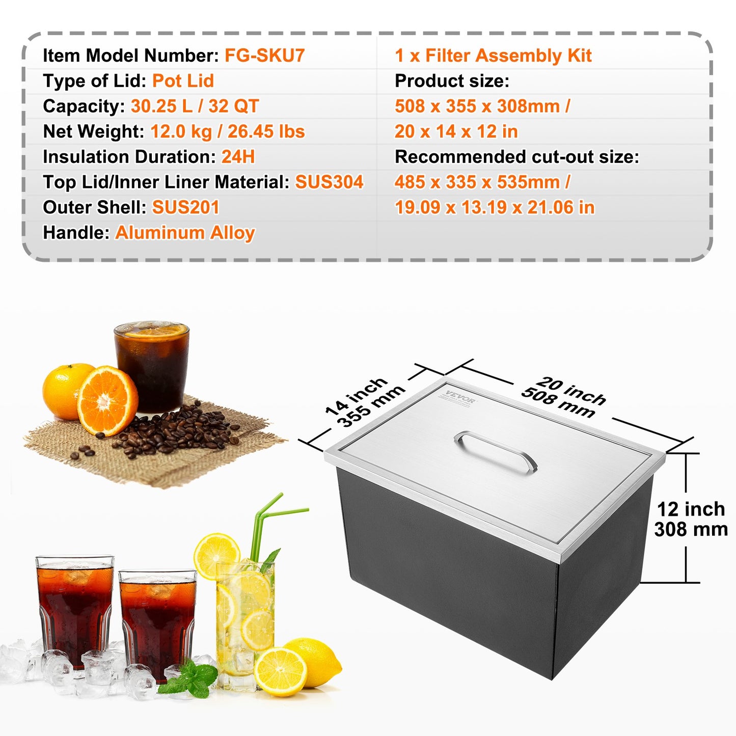 Drop in Ice Chest, 51 cm L x 36 cm W x 30.5 cm H Stainless Steel Ice Cooler, Commercial Ice Bin with Cover, 37.9 L Outdoor Kitchen Ice Bar, Drain-pipe and Drain Plug Included, for Cold Wine Beer
