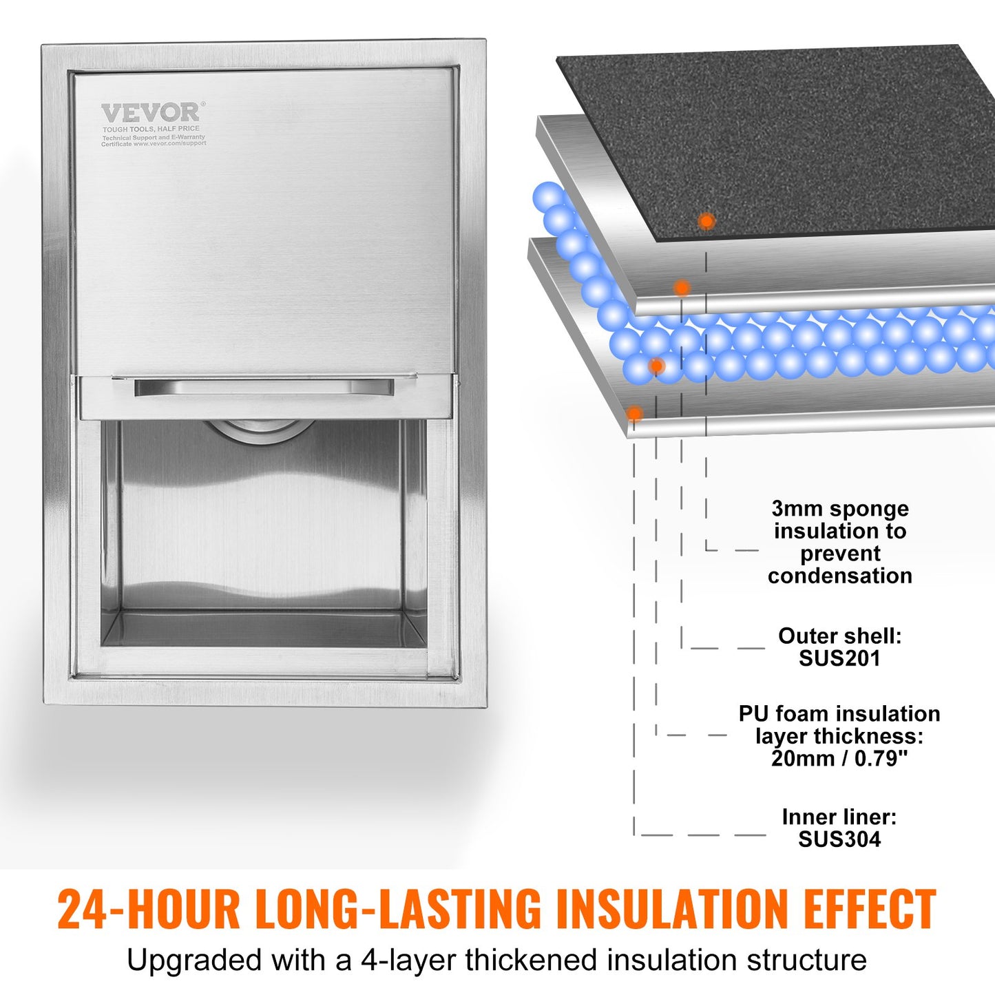 Drop in Ice Chest, 46 cm L x 30.5 cm W x 36.8 cm H Stainless Steel Ice Cooler, Commercial Ice Bin with Sliding Cover, 38.7 L Outdoor Kitchen Ice Bar, Drain-pipe and Drain Plug Included, for Cold Wine Beer