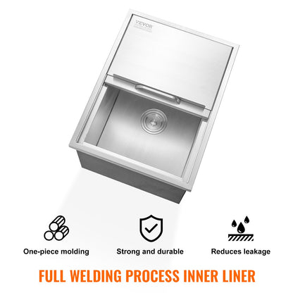 Drop in Ice Chest, 61 cm L x 46 cm W x 33 cm H Stainless Steel Ice Cooler, Commercial Ice Bin with Sliding Cover, 38.7 L Outdoor Kitchen Ice Bar, Drain-pipe and Drain Plug Included, for Cold Wine Beer