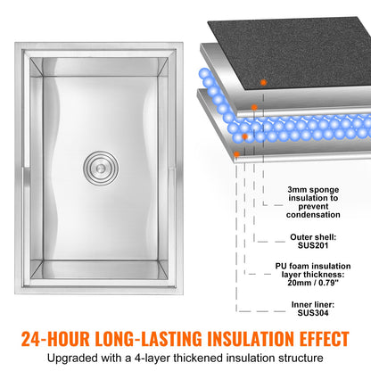 Drop in Ice Chest, 27"L x 18"W x 21"H Stainless Steel Ice Cooler, Commercial Ice Bin with Sliding Cover, 40.9 qt Outdoor Kitchen Ice Bar, Drain-pipe and Drain Plug Included, for Cold Wine Beer