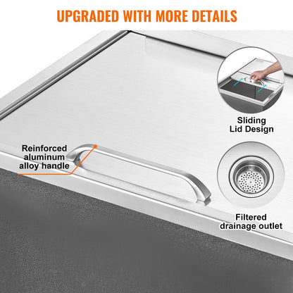 Drop in Ice Chest, 27"L x 18"W x 21"H Stainless Steel Ice Cooler, Commercial Ice Bin with Sliding Cover, 40.9 qt Outdoor Kitchen Ice Bar, Drain-pipe and Drain Plug Included, for Cold Wine Beer