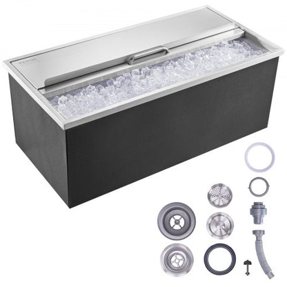 Drop in Ice Chest, 36"L x 18"W x 14"H Stainless Steel Ice Cooler, Commercial Ice Bin with Sliding Cover, 40.9 qt Outdoor Kitchen Ice Bar, Drain-pipe and Drain Plug Included, for Cold Wine Beer