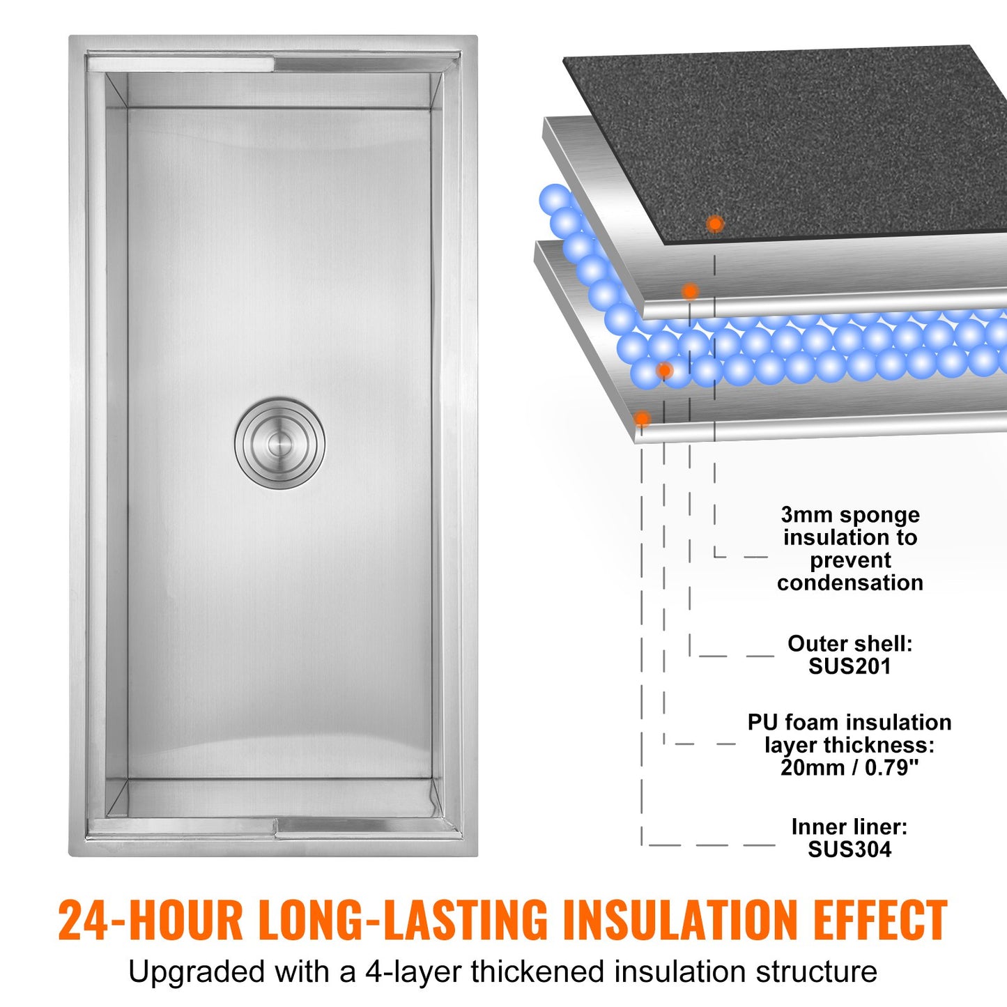 Drop in Ice Chest, 36"L x 18"W x 14"H Stainless Steel Ice Cooler, Commercial Ice Bin with Sliding Cover, 40.9 qt Outdoor Kitchen Ice Bar, Drain-pipe and Drain Plug Included, for Cold Wine Beer