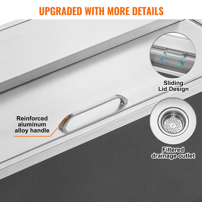 Drop in Ice Chest, 36"L x 18"W x 14"H Stainless Steel Ice Cooler, Commercial Ice Bin with Sliding Cover, 40.9 qt Outdoor Kitchen Ice Bar, Drain-pipe and Drain Plug Included, for Cold Wine Beer