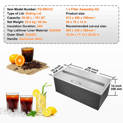 Drop in Ice Chest, 36"L x 18"W x 14"H Stainless Steel Ice Cooler, Commercial Ice Bin with Sliding Cover, 40.9 qt Outdoor Kitchen Ice Bar, Drain-pipe and Drain Plug Included, for Cold Wine Beer