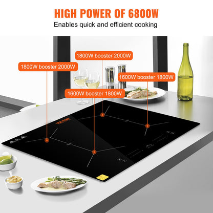 24 tums elektrisk spishäll med 4 brännare, keramisk glashäll, touchkontroll