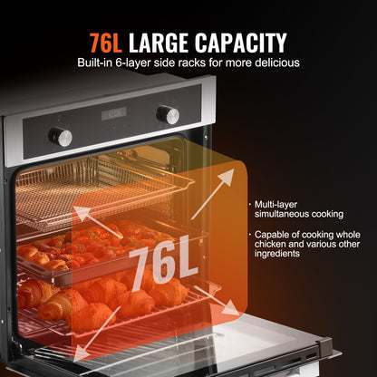 Enkelväggig ugn, 24" elektrisk inbyggnadsugn med 9 tillagningsfunktioner, 2,68 kubikfot elektrisk väggugn, snabb uppvärmning till 200°C på 5 minuter, 3550W elektrisk ugn med bakgaller och plåt, kök