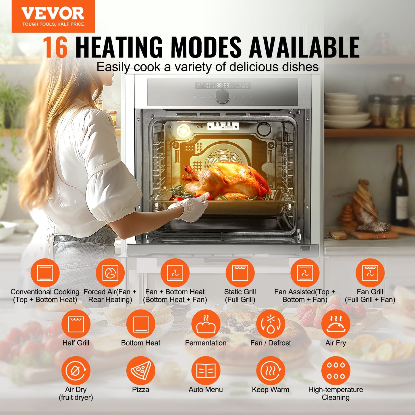 Enkelväggig ugn, 24" elektrisk inbyggnadsugn med 16 tillagningsfunktioner, 2,68 kubikfot elektrisk väggugn, snabb uppvärmning till 200°C på 5 minuter, 3550W elektrisk ugn med bakgaller och plåt, kök