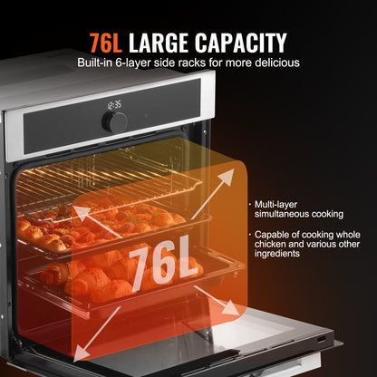 Single Wall Oven, 24" Electric Built-in Wall Oven with 16 Cooking Functions, 2.68 Cu.Ft Electric Wall Ovens, Rapid heating to 200°C in 5min, 3550W Electric Oven w/ Baking Rack and Tray, Kitchen