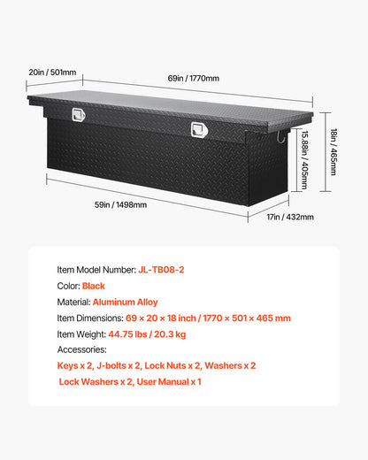 Crossover Truck Tool Box, 69x20x18 In, Heavy Duty Aluminum Toolbox with Diamond Texture, Pick Up Truck Bed RV Trailer Toolbox, Waterproof Storage Organizer with Lock, Keys, Side Handles, Black