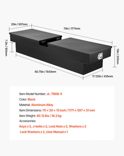 Crossover Truck Tool Box, 70x20x13 In, Heavy Duty Aluminum Toolbox with Diamond Texture, Pick Up Truck Bed RV Trailer Toolbox, Waterproof Storage Organizer with Lock, Keys, Side Handles, Black