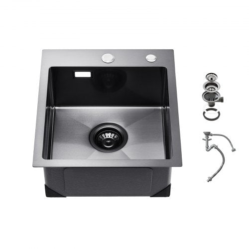 40cm Kitchen Sink Workstation, 304 Stainless Steel Top Mount Sinks, Drop-In Single Bowl Farmhouse Basin with Accessories, Household Dishwasher Sinks for RV, Prep Kitchen, and Bar (Black)
