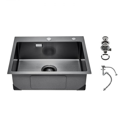 68cm Kitchen Sink Workstation, 304 Stainless Steel Top Mount Sinks, Drop-In Single Bowl Farmhouse Basin with Accessories, Household Dishwasher Sinks for RV, Prep Kitchen, and Bar (Black)