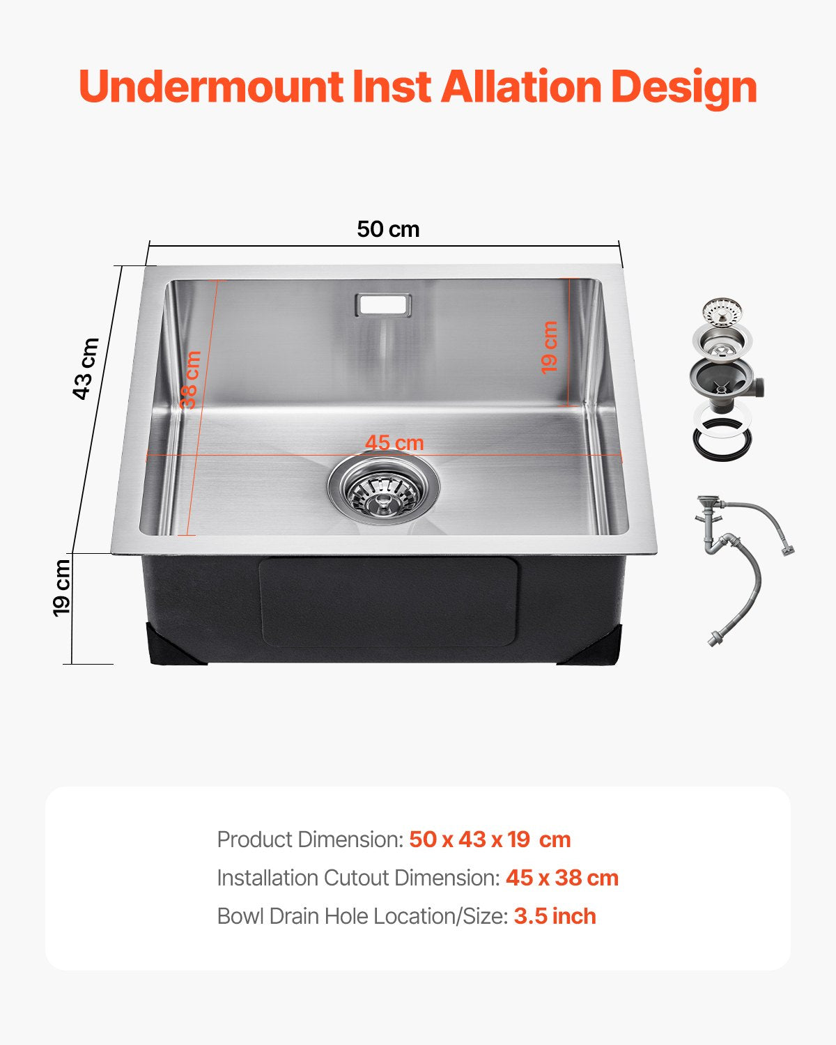 50 cm arbetsstation för köksbänk, undermonterade diskhoar i 304 rostfritt stål, nedfällbar enkel ho med tillbehör, diskmaskin för husbil, förberedelsekök, tvättstuga, bar