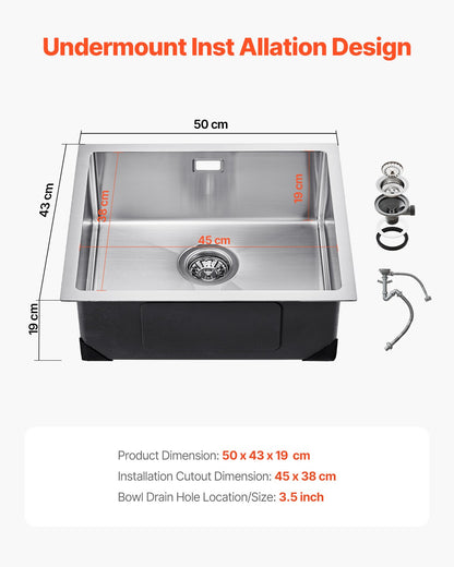 50 cm arbetsstation för köksbänk, undermonterade diskhoar i 304 rostfritt stål, nedfällbar enkel ho med tillbehör, diskmaskin för husbil, förberedelsekök, tvättstuga, bar