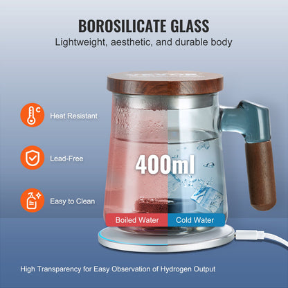 Hydrogen Water Cup, 400 ml / 14.1 oz Hydrogen Generator, SPE Technology Portable Hydrogen Water Ionizer Machine with Wireless Charging Base, Hydrogen Rich Water Bottle Glass Health Cup