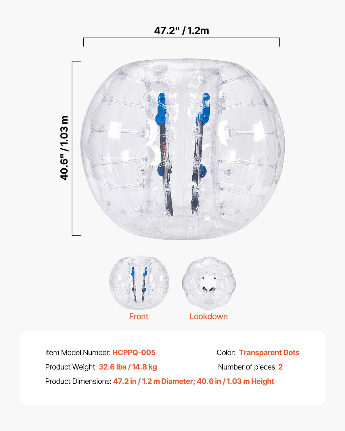 Uppblåsbara Bumper Balls 2-pack, 4FT/1.2M Body Sumo Zorb-bollar för tonåringar och vuxna, 0.8mm tjocka PVC-mänskliga hamsterbubbelbollar för utomhuslek, Bumper Bopper-leksaker för trädgård, gård, park