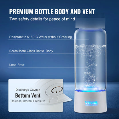 Hydrogen Water Bottle Generator, 380 ml/ 379.9 g Capacity Portable Hydrogen Water Maker, SPE Technology Hydrogen Rich Water Ionizer Machine with Nasal Inhalation Tube and Self-Cleaning