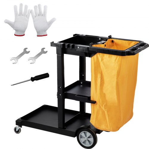 Cleaning Cart, 3-Shelf Commercial Janitorial Cart, 200 lbs Capacity Plastic Housekeeping Cart, with 25 Gallon PVC Bag, 120 x 51 x 98 cm, Yellow+Black