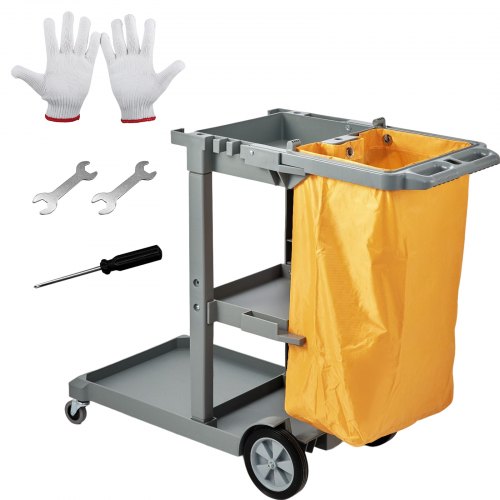 Cleaning Cart, 3-Shelf Commercial Janitorial Cart, 200 lbs Capacity Plastic Housekeeping Cart, with 25 Gallon PVC Bag, 120 x 51 x 98 cm, Yellow+Grey