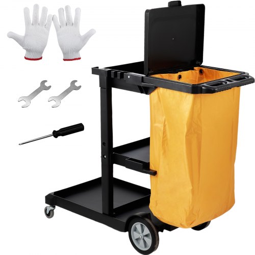 Cleaning Cart, 3-Shelf Commercial Janitorial Cart, 200 lbs Capacity Plastic Housekeeping Cart, with 25 Gallon PVC Bag and Cover, 120 x 51 x 98 cm, Yellow+Black
