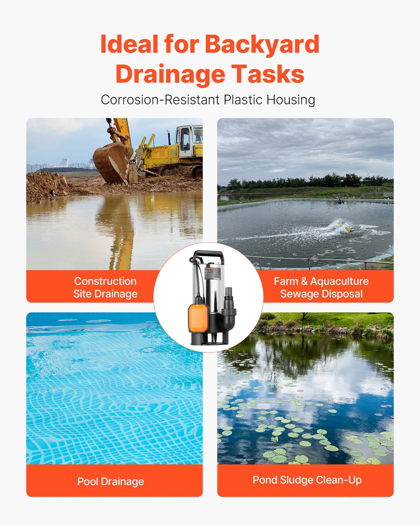 710W dränkbar sumppump, 20000 l/h, dränkbar avloppspump i rostfritt stål för smutsigt rent vatten med automatisk flottörbrytare, lång sladd, 9 m maxlyft, för pooler, trädgård, dammar, översvämmade områden