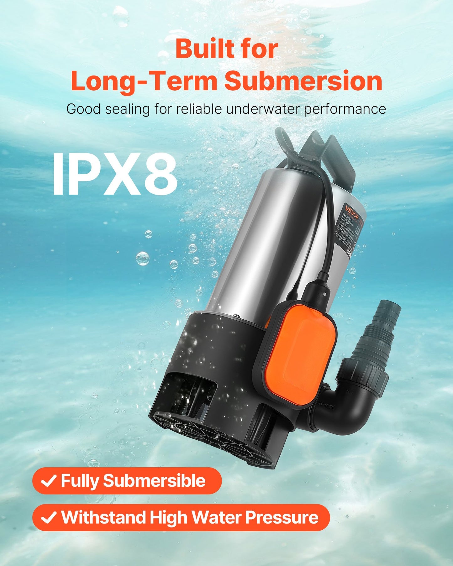 710W dränkbar sumppump, 20000 l/h, dränkbar avloppspump i rostfritt stål för smutsigt rent vatten med automatisk flottörbrytare, lång sladd, 9 m maxlyft, för pooler, trädgård, dammar, översvämmade områden