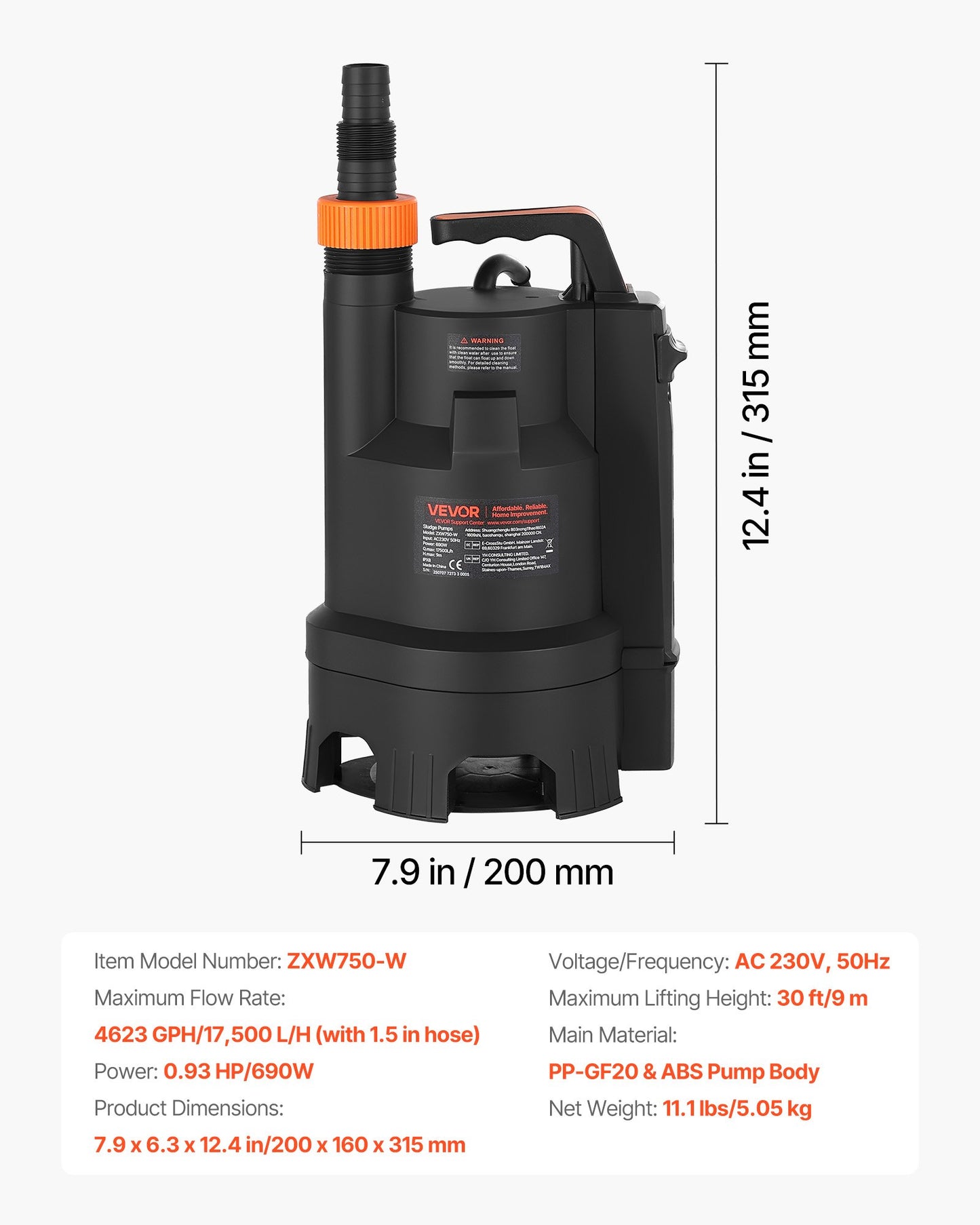 690W dränkbar sumppump, 17500 l/h, PP-GF20 dränkbar avloppspump för smutsigt rent vatten med automatisk flottörbrytare, lång sladd, 9 m maxlyft, för pooler, trädgård, dammar, översvämmade områden