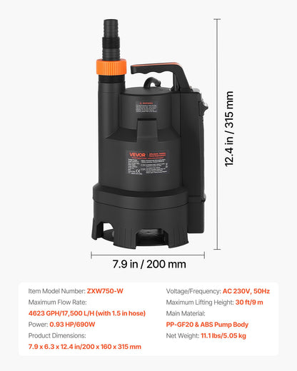 690W dränkbar sumppump, 17500 l/h, PP-GF20 dränkbar avloppspump för smutsigt rent vatten med automatisk flottörbrytare, lång sladd, 9 m maxlyft, för pooler, trädgård, dammar, översvämmade områden