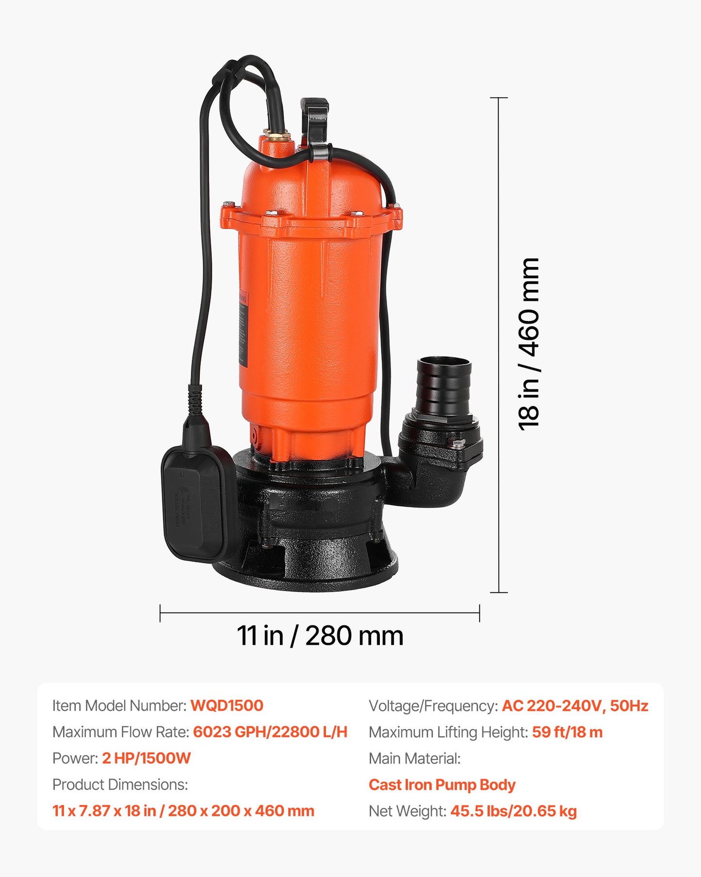 1500W dränkbar avloppspump, 22800 l/h, dränkbar avloppspump i gjutjärn med automatisk flottörbrytare, 18 m maxlyft, dränerar smutsigt rent vatten, för pooler, trädgårdar, dammar, översvämmade områden