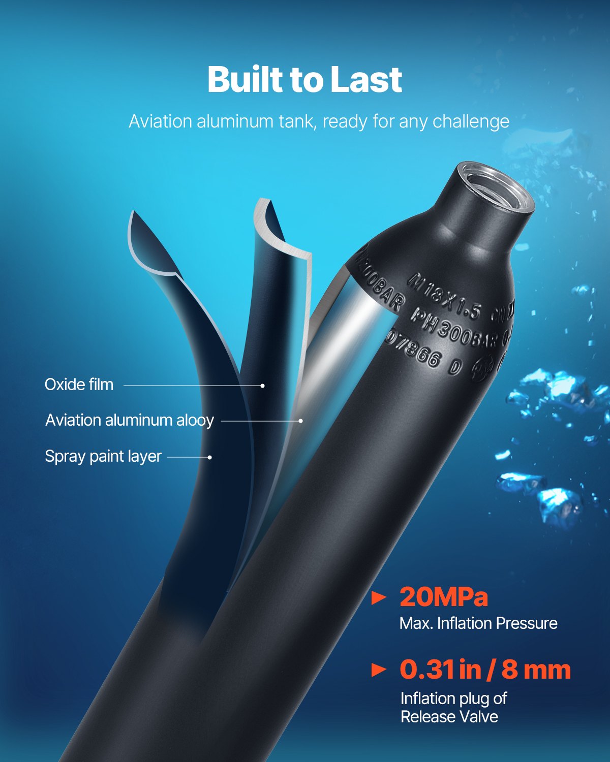 Scuba Tank, 0.5L Portable Diving Tank, Diving Oxygen Cylinder Support 5-10 Minutes Underwater Breathing, 98.43 ft Diving Depth, Refillable Snorkel Air Tank with Pump for Underwater Exploration