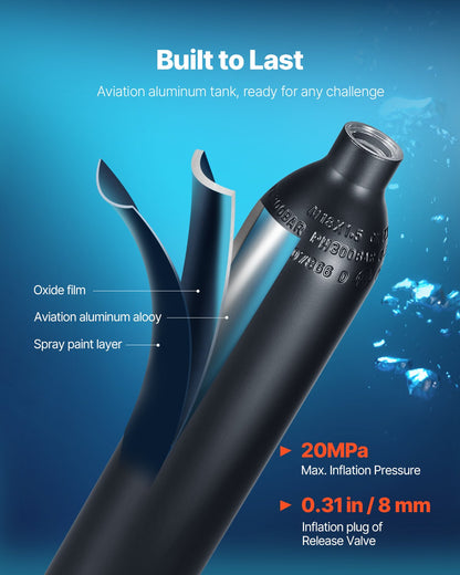Scuba Tank, 0.5L Portable Diving Tank, Diving Oxygen Cylinder Support 5-10 Minutes Underwater Breathing, 98.43 ft Diving Depth, Refillable Snorkel Air Tank with Pump for Underwater Exploration