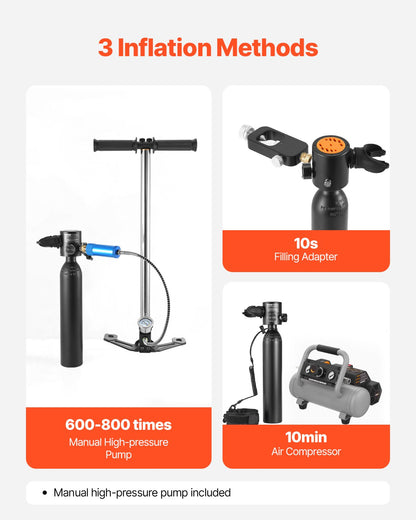 Scuba Tank, 0.5L Portable Diving Tank, Diving Oxygen Cylinder Support 5-10 Minutes Underwater Breathing, 98.43 ft Diving Depth, Refillable Snorkel Air Tank with Pump for Underwater Exploration