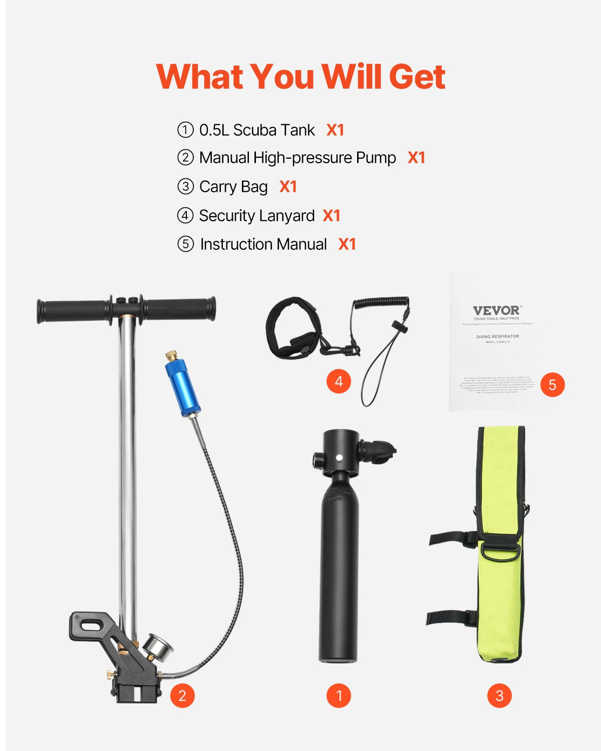 Scuba Tank, 0.5L Portable Diving Tank, Diving Oxygen Cylinder Support 5-10 Minutes Underwater Breathing, 98.43 ft Diving Depth, Refillable Snorkel Air Tank with Pump for Underwater Exploration