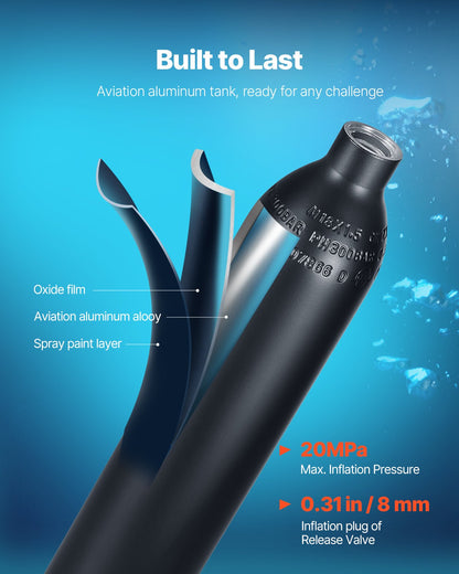 Scuba Tank, 0.5L Portable Scuba Diving Tank, Diving Oxygen Cylinder Supports 5-10 Minutes Underwater Breathing, 98.43 feet Diving Depth, Lung Tank Kit for Underwater Exploration / Rescue