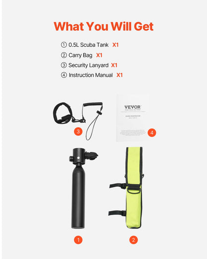 Scuba Tank, 0.5L Portable Scuba Diving Tank, Diving Oxygen Cylinder Supports 5-10 Minutes Underwater Breathing, 98.43 feet Diving Depth, Lung Tank Kit for Underwater Exploration / Rescue